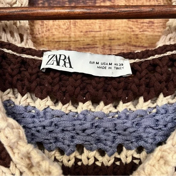 (Flawed) Zara Striped Crochet Knit Top Brown/Blue Cream Hooded Size Small - Picture 5 of 10